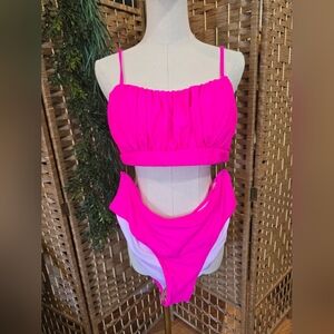 Ruched Bust High Waisted Bikini Swimsuit Hot Pink XL